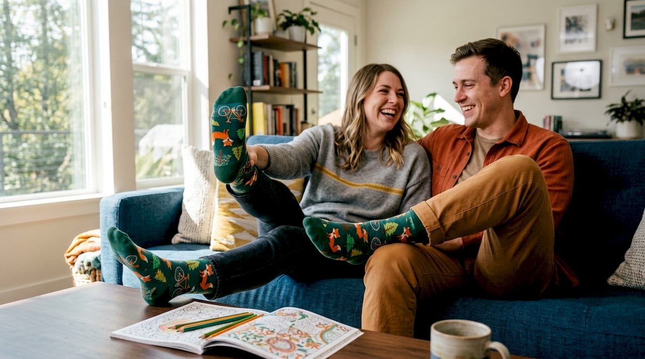 Hands holding patterned matching couple socks over craft table