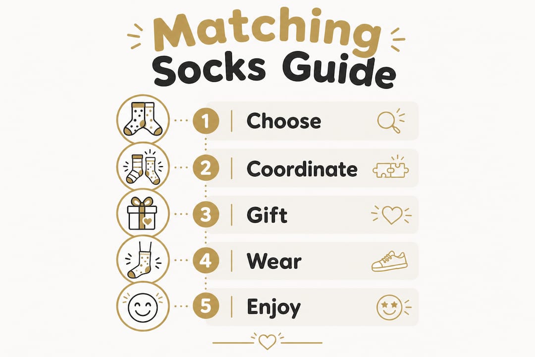 Infographic showing five stages of matching couple socks selection and use