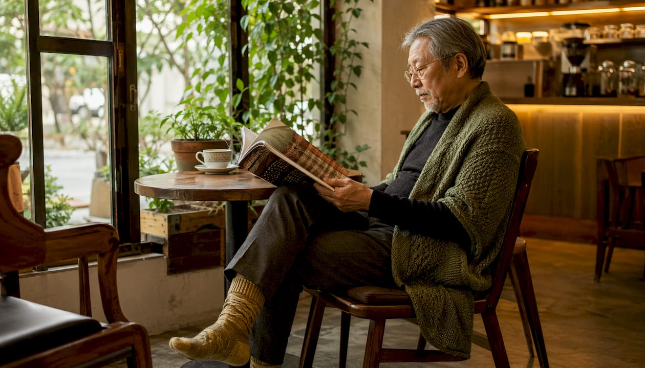 Man wearing merino wool socks reading book