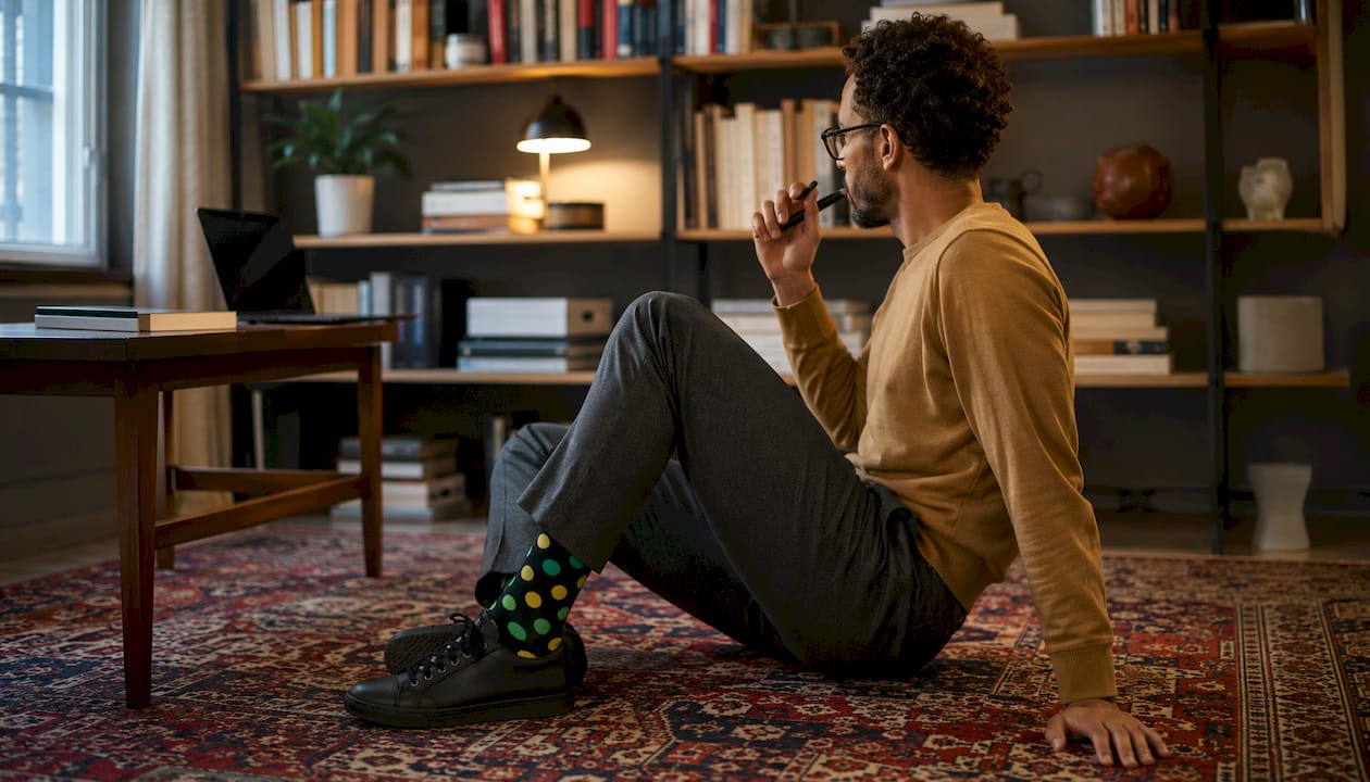 Man wearing bold patterned socks with neutral outfit indoors