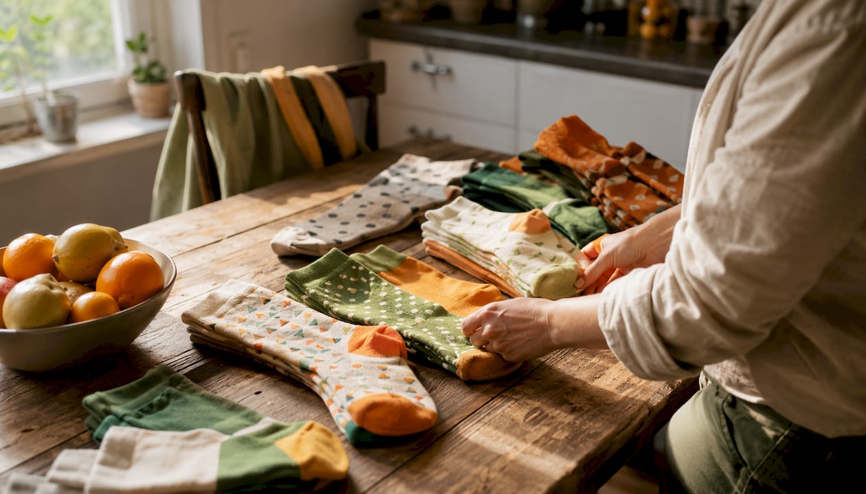 Hands arranging organic cotton socks in studio setting