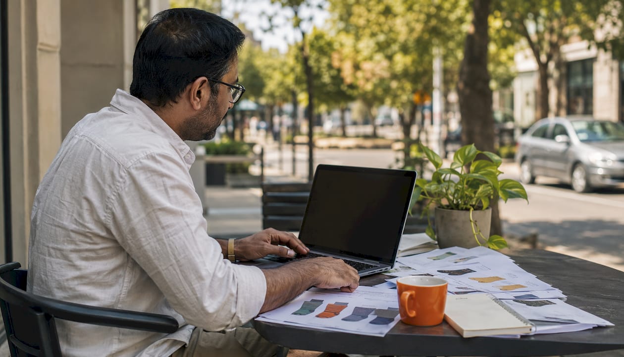 Man taking Sock Geeks quiz at home desk