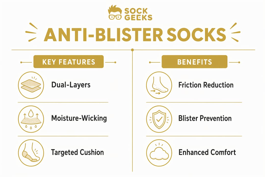 Infographic comparing anti-blister sock features and benefits