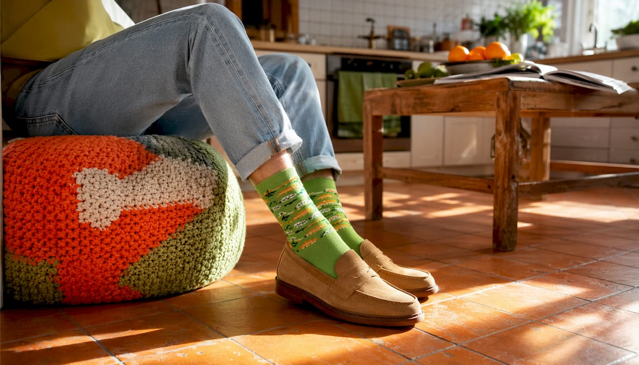 Close-up of scrunched blue socks with shoes indoors