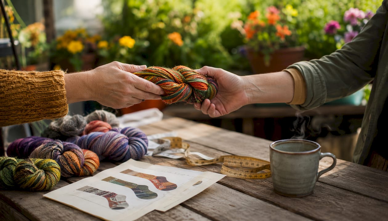 Hands exchanging yarn swatch for custom sock design