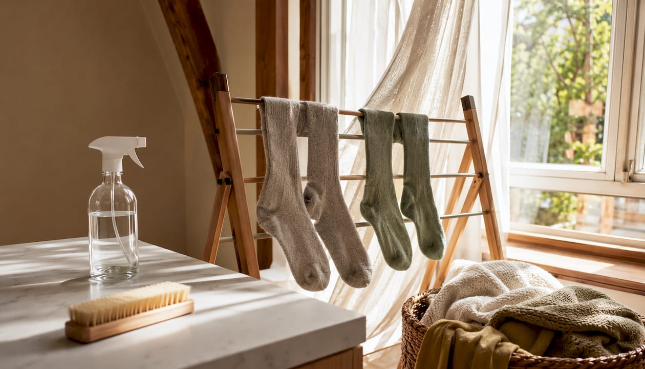 Cashmere socks air drying flat on wooden rack