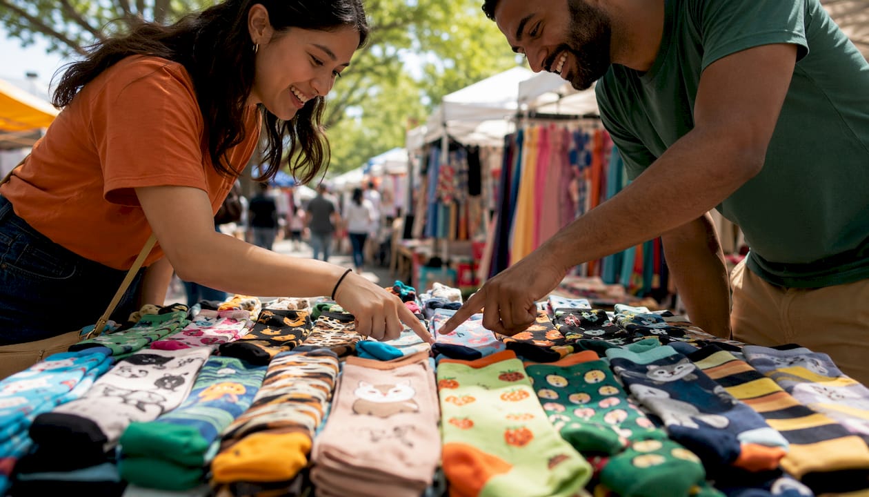 Hands selecting trendy couples' socks on table