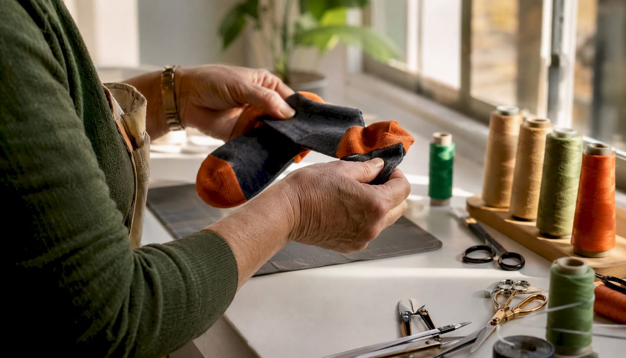 Hands inspecting sock quality and construction features
