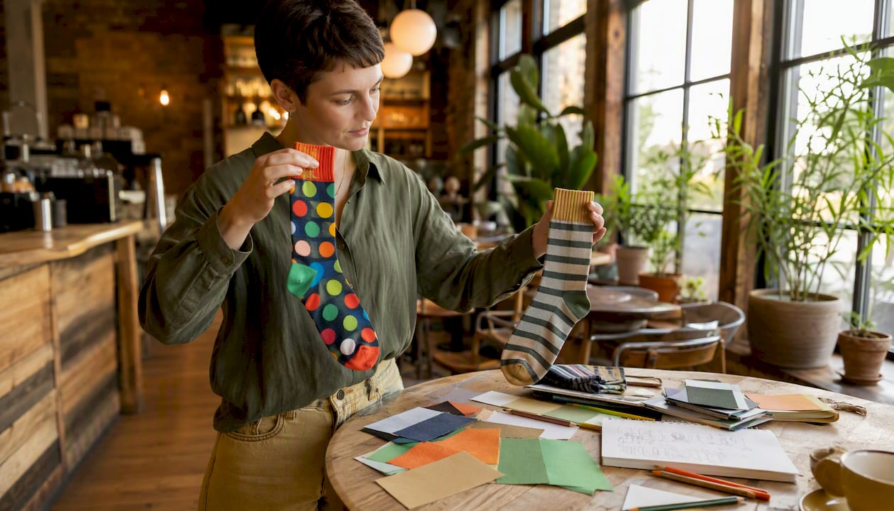 Woman comparing bold and minimalist sock designs