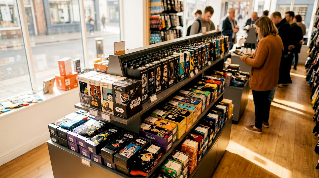 Store shelf of UK Star Wars socks