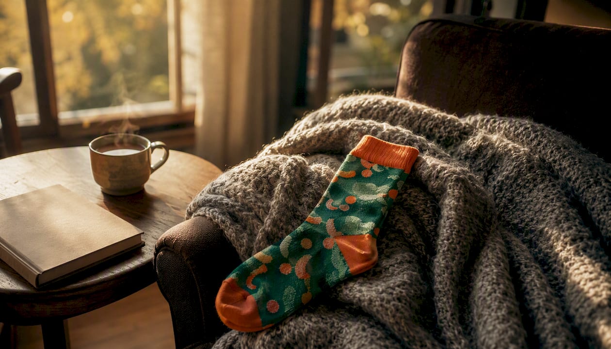 Premium socks draped on armchair in cozy office