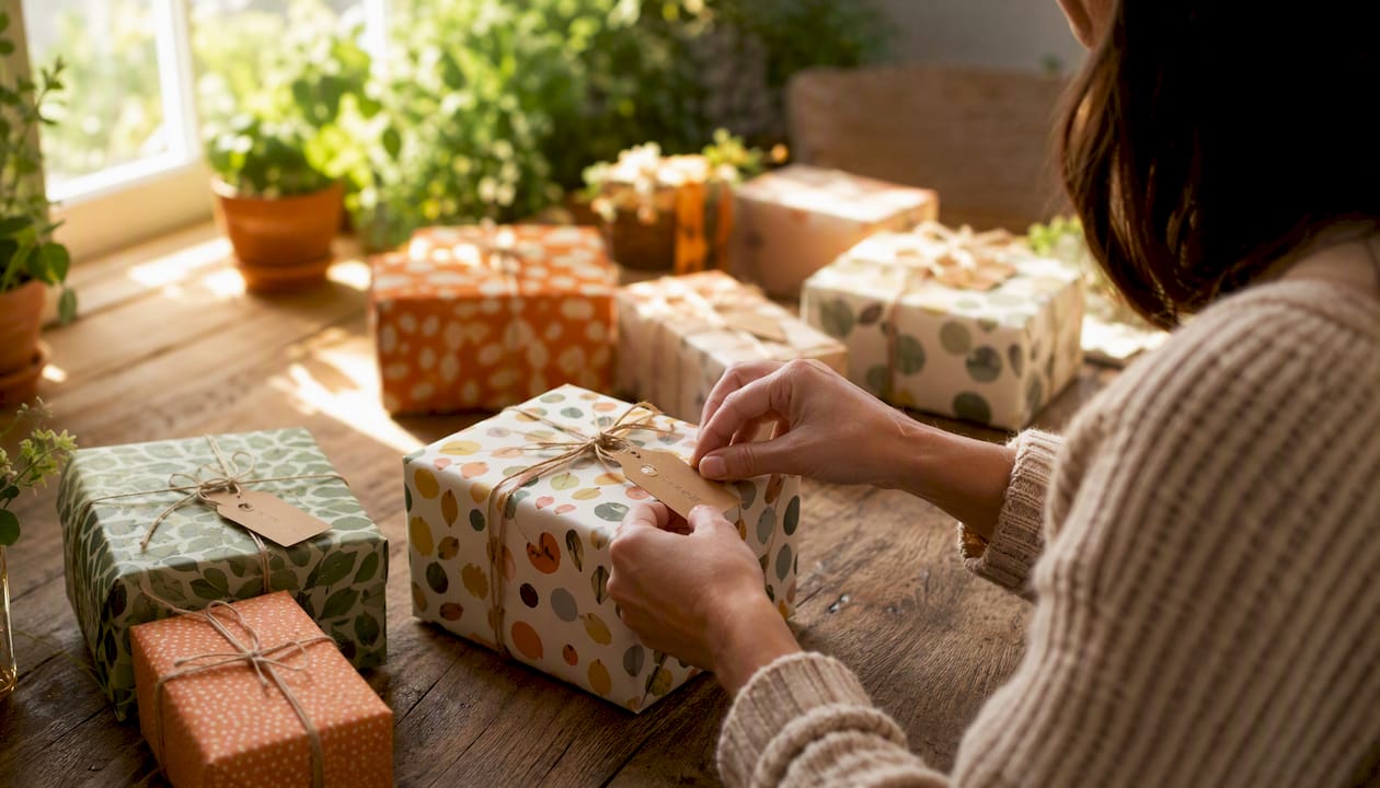 Hand tying personalized gift tags on presents