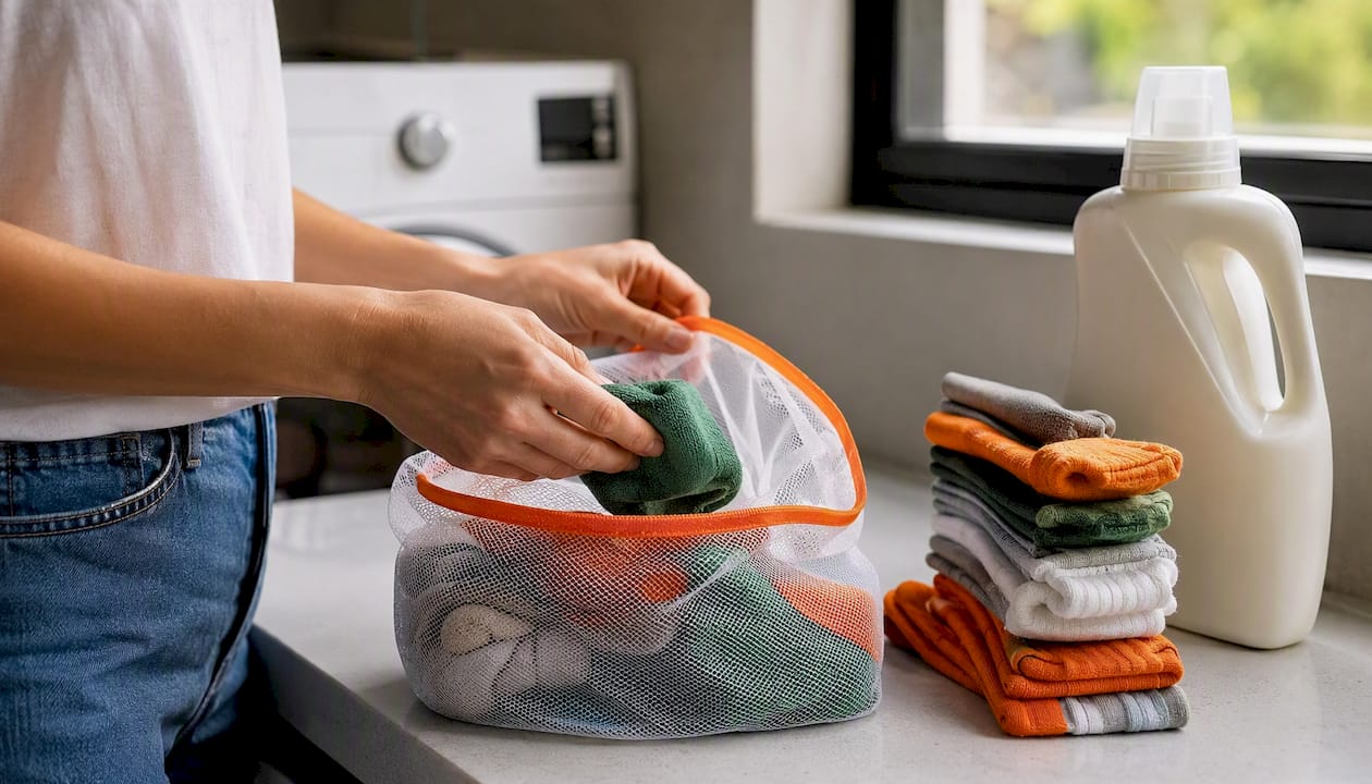 Hand placing socks into mesh laundry bag