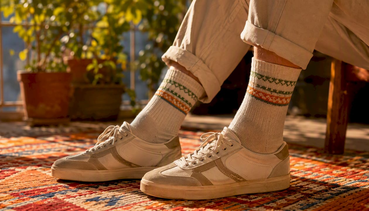 Mid-calf crew socks worn with casual footwear