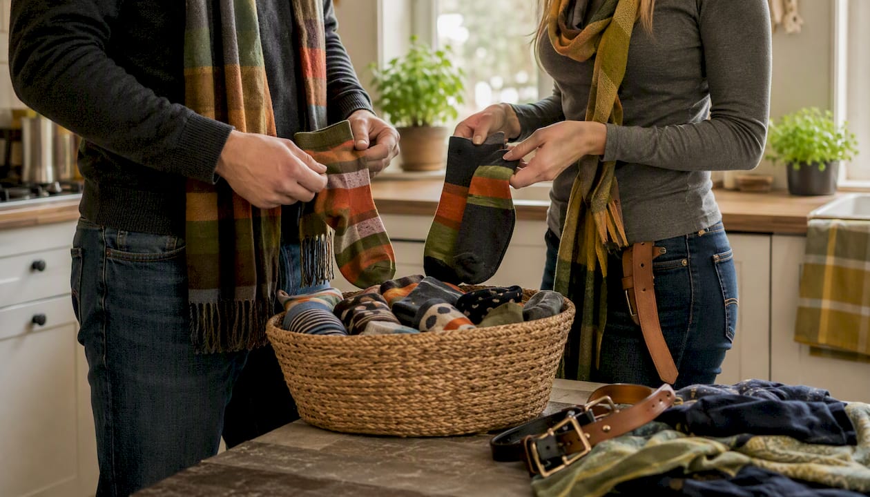 Couple exchanging matching patterned socks