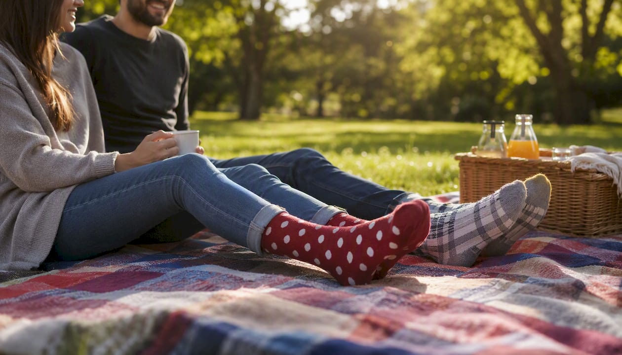 Couple's feet with complementary patterned socks