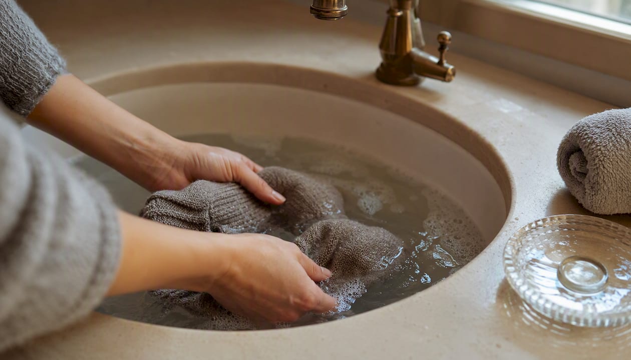 Hands washing wool socks in sink
