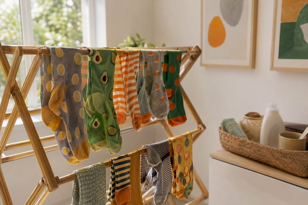 Socks air drying on a wooden rack