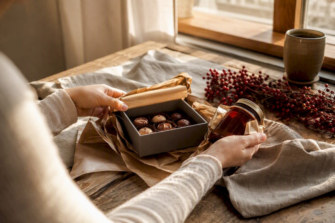 Hands opening artisan chocolate box and preserves