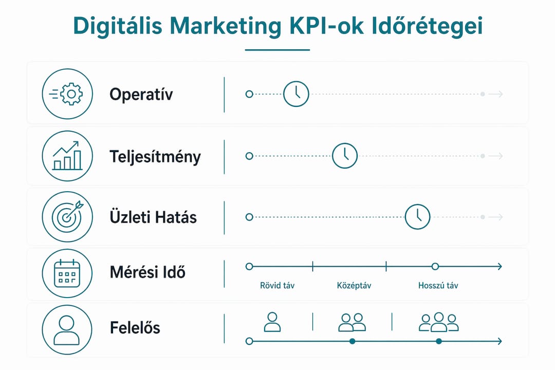 Infografika az egymásra épülő, időbeni KPI-szintekről