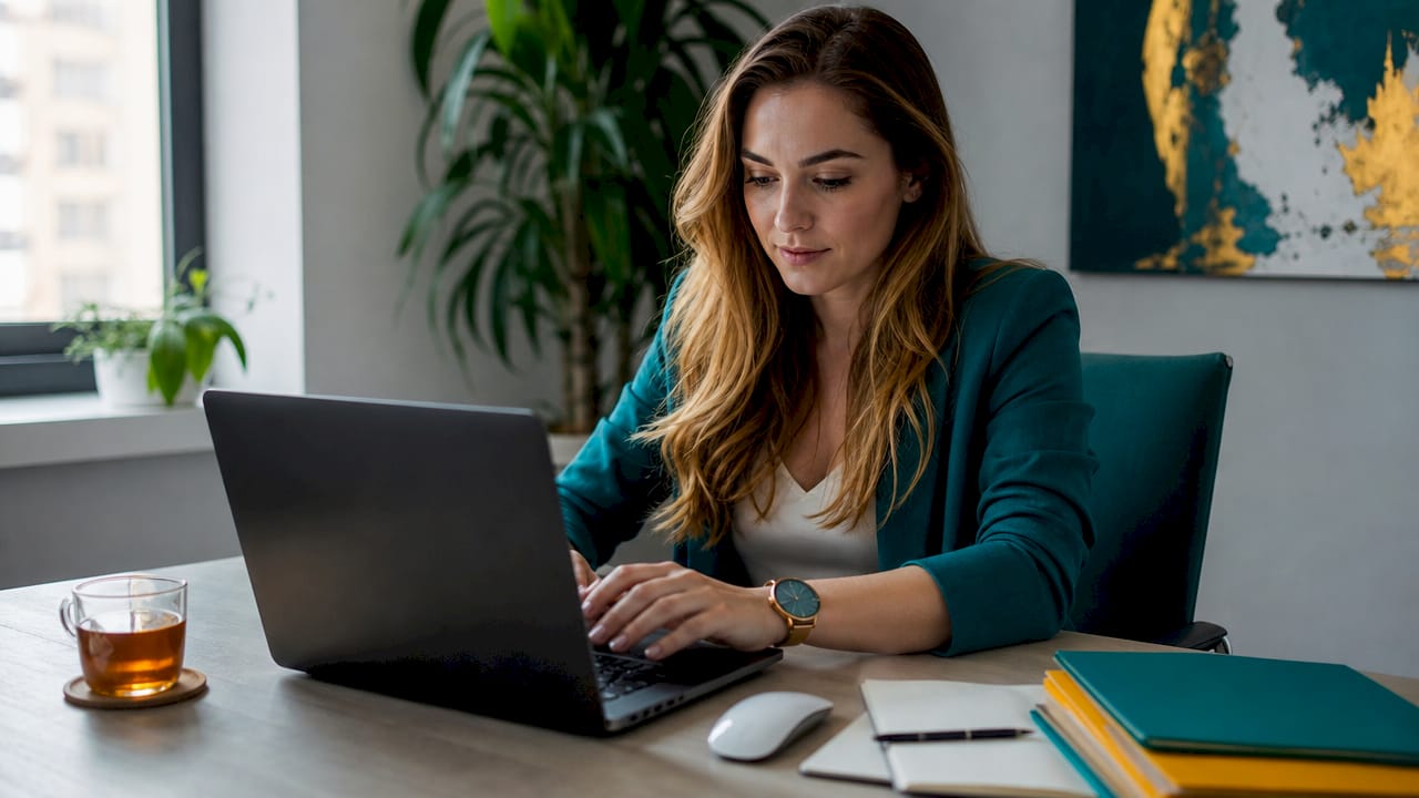 Otthoni íróasztalnál valaki éppen a laptop billentyűzetén gépel.