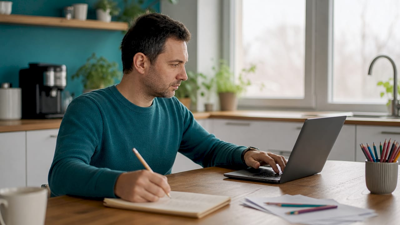 Egy marketinges éppen a laptopján dolgozik, és Google Ads hirdetéseket tesztel.