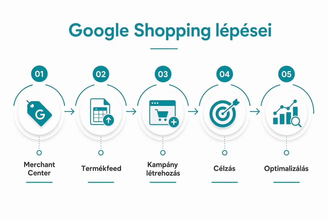 Google Shopping kampány indításának lépéseit szemléltető infografika