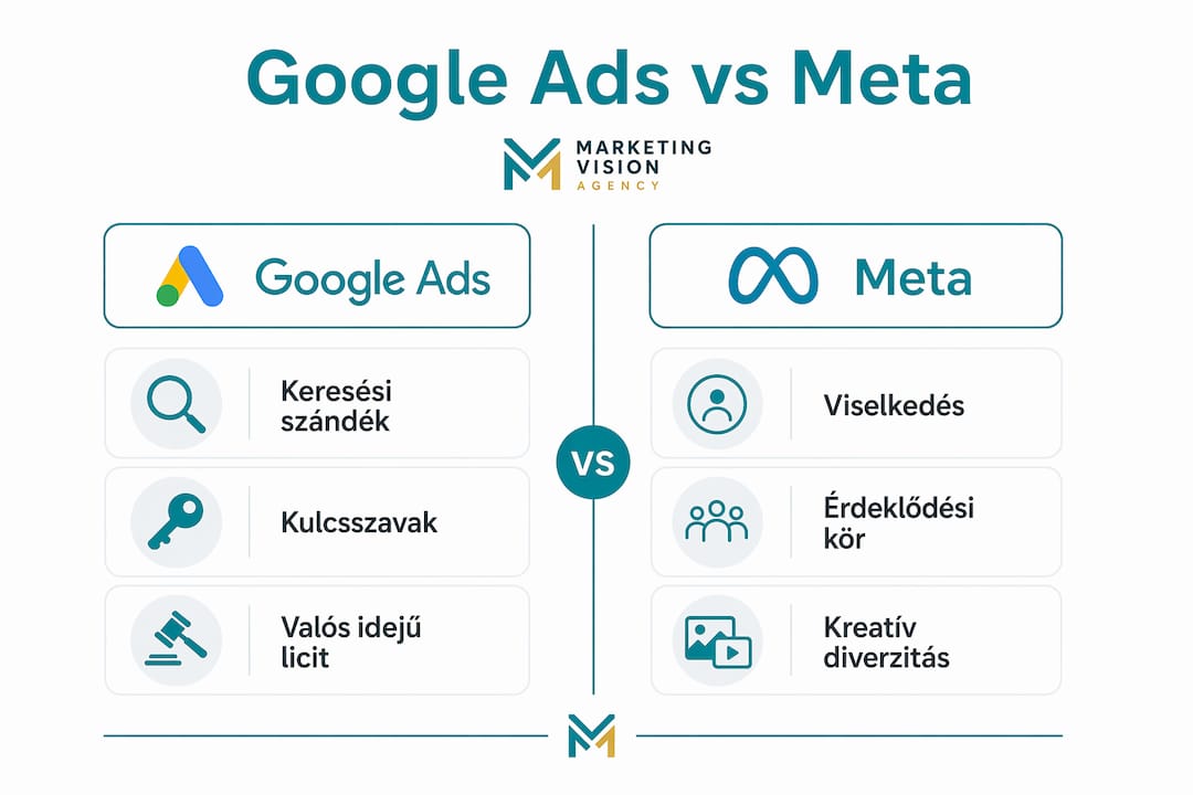 Infografika a Google Ads és a Meta hirdetési rendszerek célzási sajátosságairól és költségkezelési megoldásairól