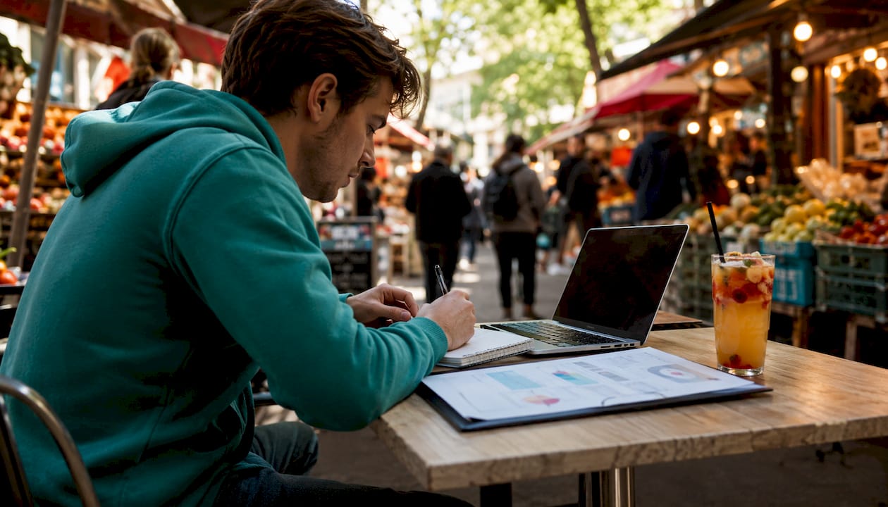 Egy férfi egy kávézóban ül, laptopján épp remarketing stratégiát dolgoz ki.