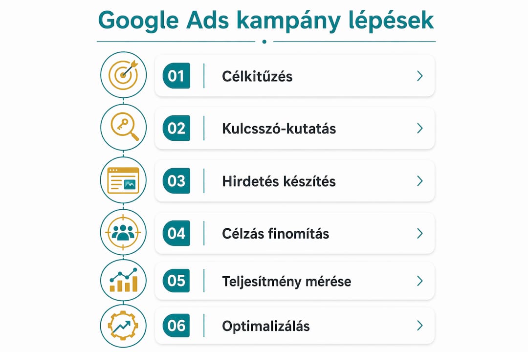 Google Ads kampány lépéseit bemutató, letisztult infografika
