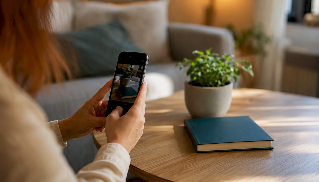 Egy kéz éppen lefotóz egy terméket a mobiltelefonjával.