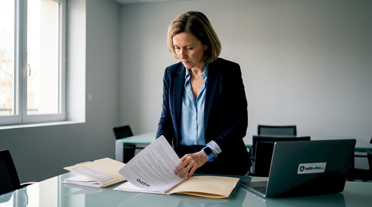 An expert reviews GDPR-related documents in her office.