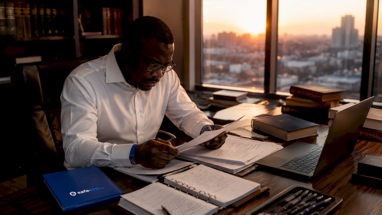 A lawyer examines a file in his light-filled office.