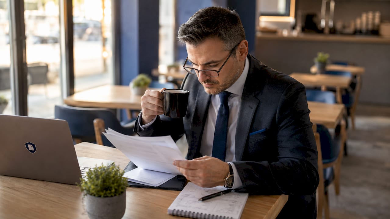 Un juriste examine un dossier confidentiel.
