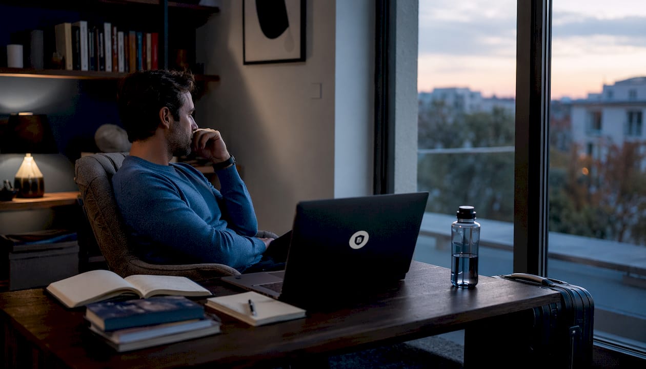 Expatrié travaillant en bureau et veillant à la protection de ses données personnelles