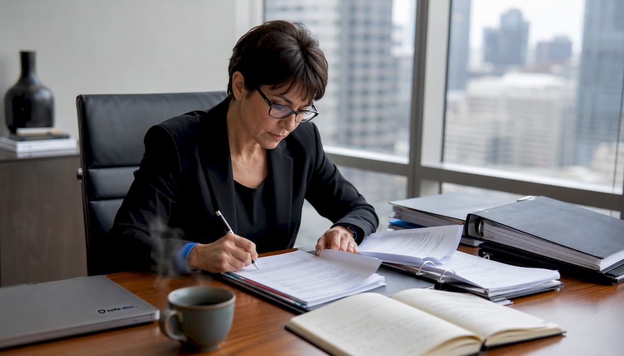 Une consultante spécialisée en protection des données analyse attentivement des dossiers RGPD à son poste de travail.