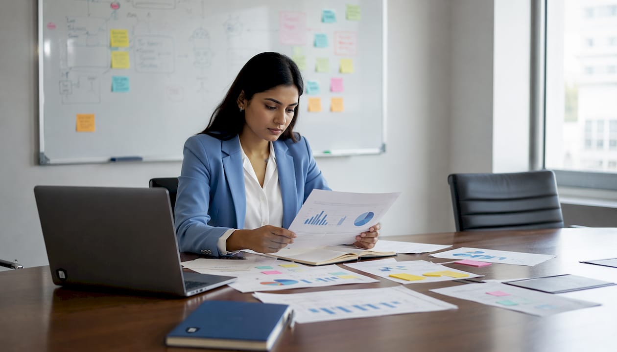 A woman carefully examines a file containing confidential information.