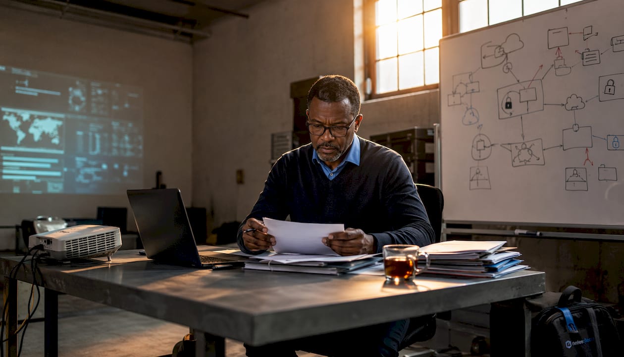 Cybersecurity specialist analyzing confidential files