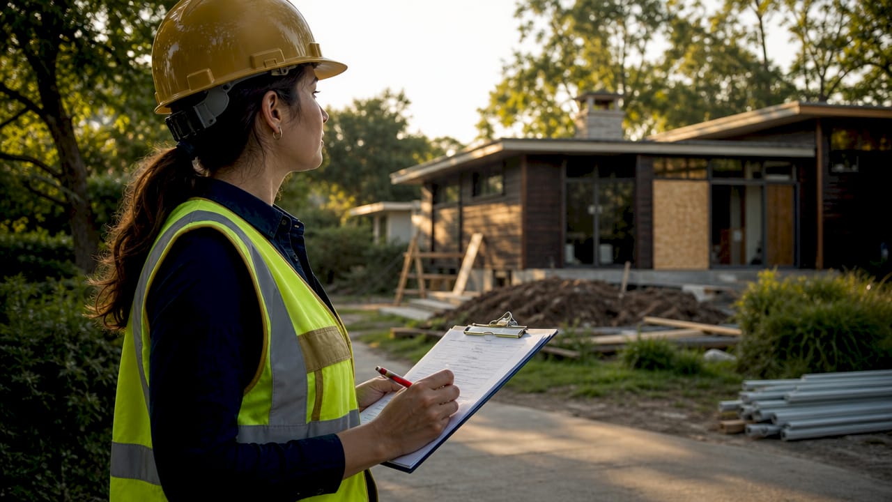 Building inspector reviewing permit forms outside renovation site