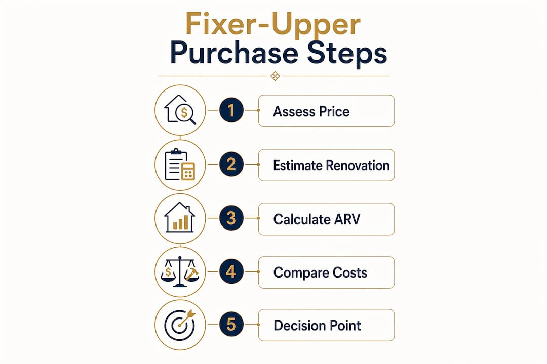 Infographic illustrating financial steps to evaluate fixer-upper purchase