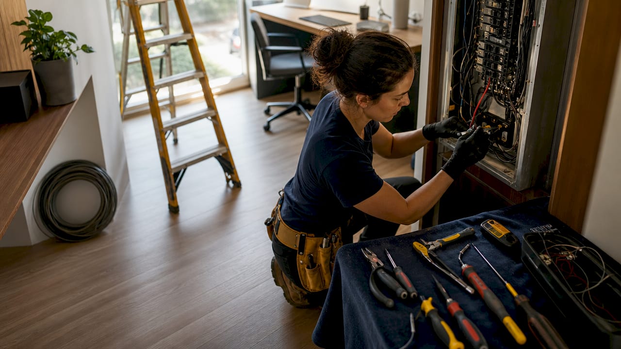Electrician working on electrical panel indoors