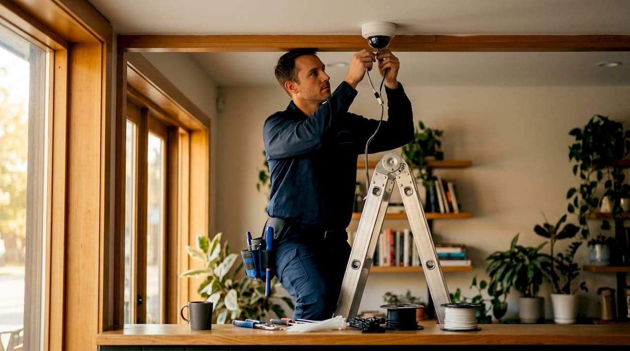 Technician installing security camera in store