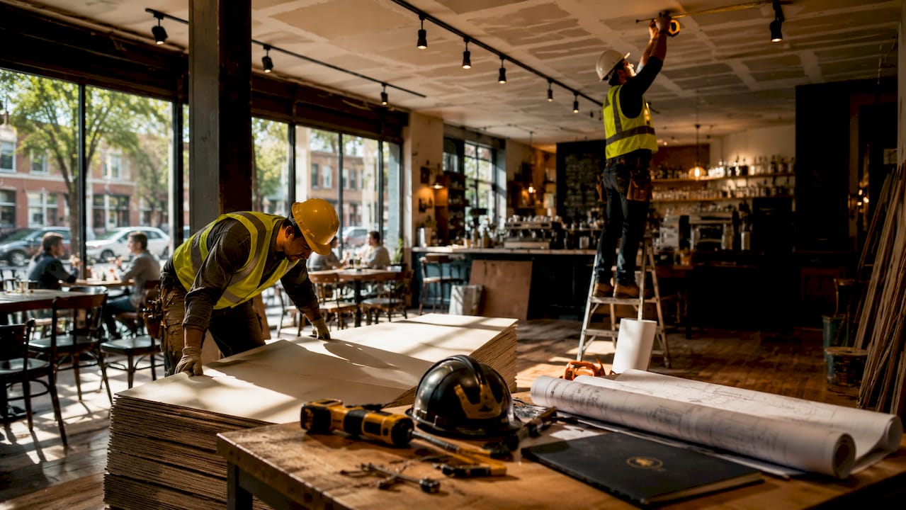 Workers measuring drywall in commercial renovation