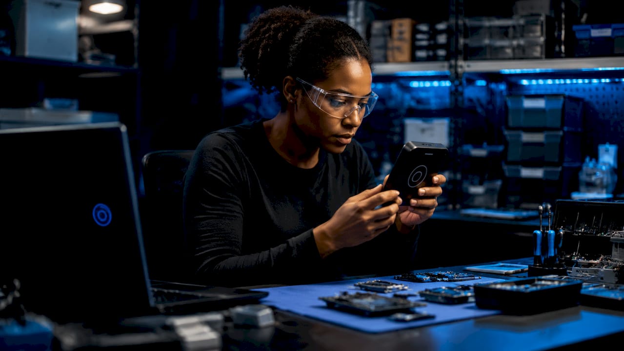 Engineer examining smart card reader device in electronics lab