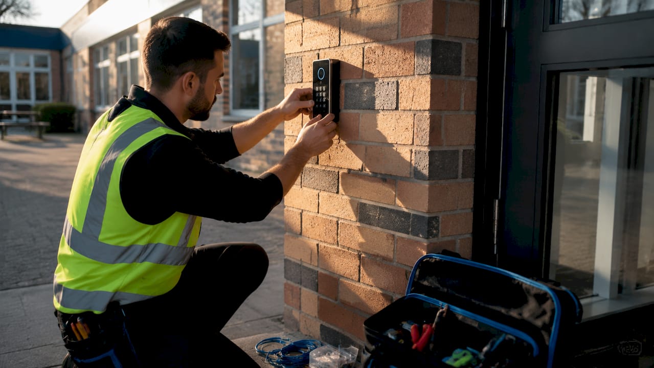 Technician installing school access control keypad