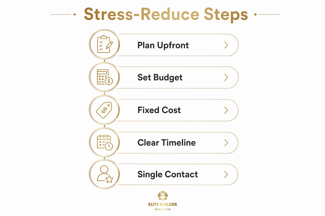 Infographic showing renovation stress reduction steps with key labels