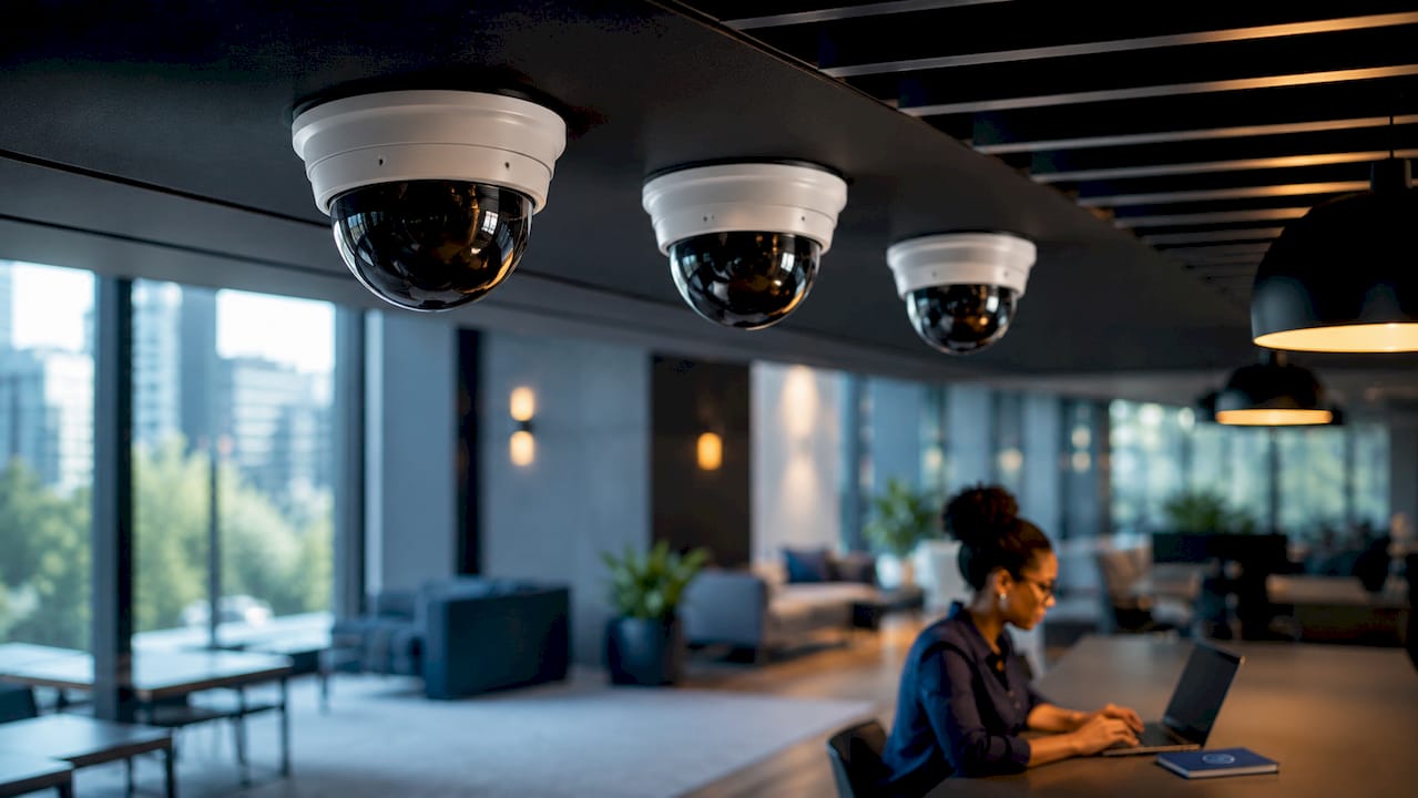 Indoor dome surveillance cameras on office ceiling
