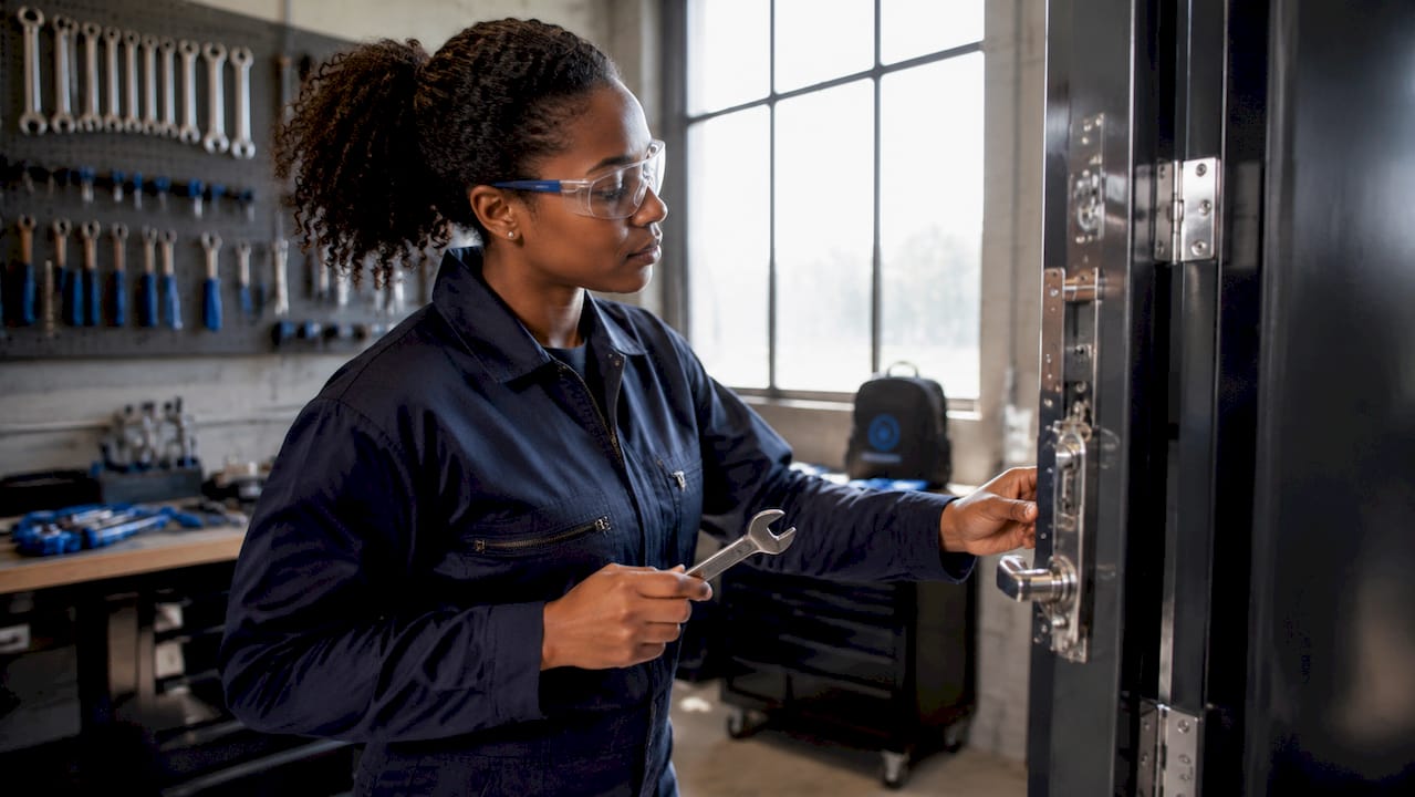 Technician inspecting commercial door lock hardware