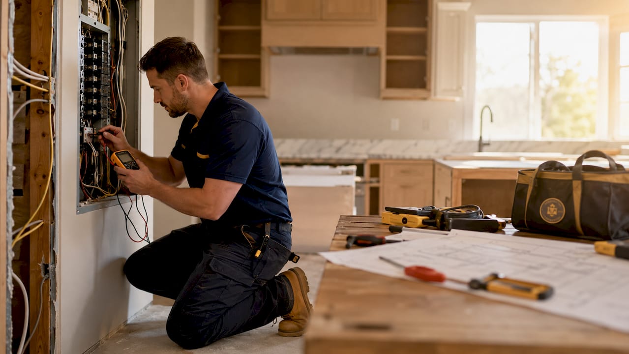 Electrician testing circuits during remodeling