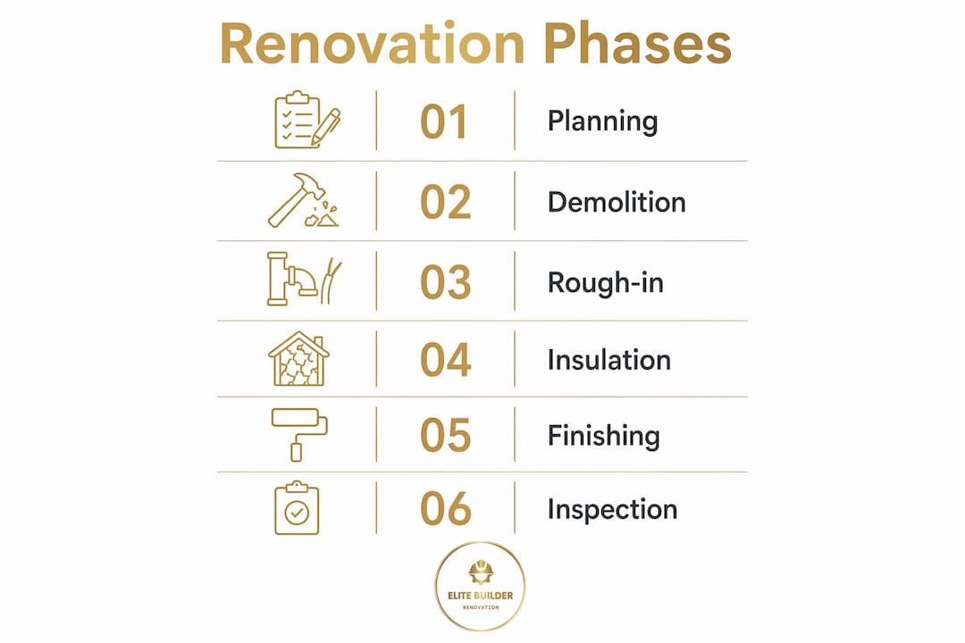 Infographic showing numbered home renovation phases